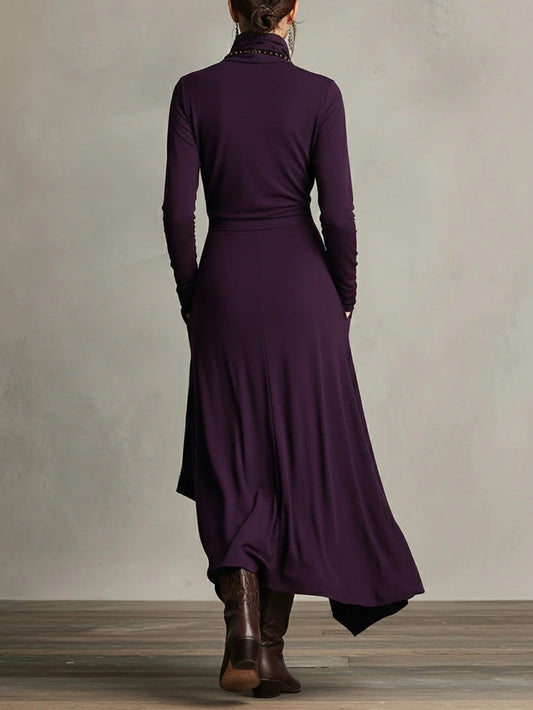 Georgia™ - Vestido largo plisado asimétrico morado con cuello alto (collar no incluido)