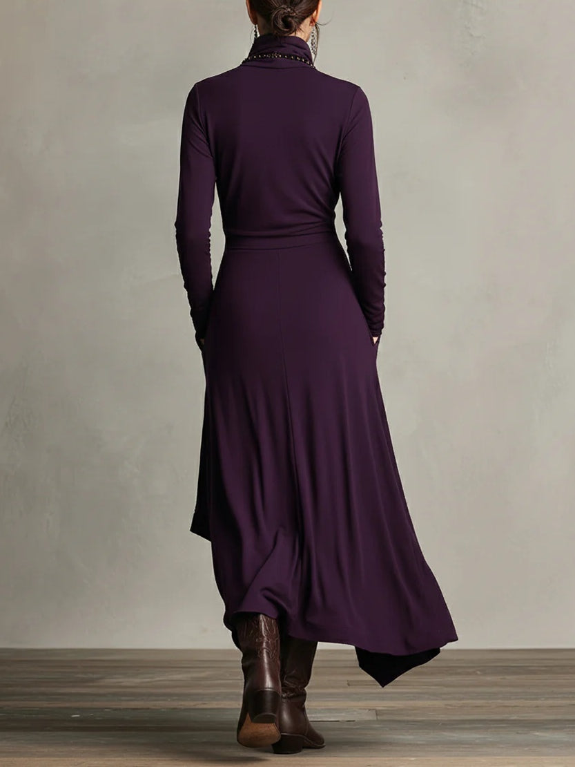 Georgia™ - Vestido largo plisado asimétrico morado con cuello alto (collar no incluido)